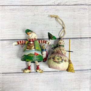 Vintage Snowman Lot of 2 Ornaments Golf Snowman Christmas Snowman with Broom